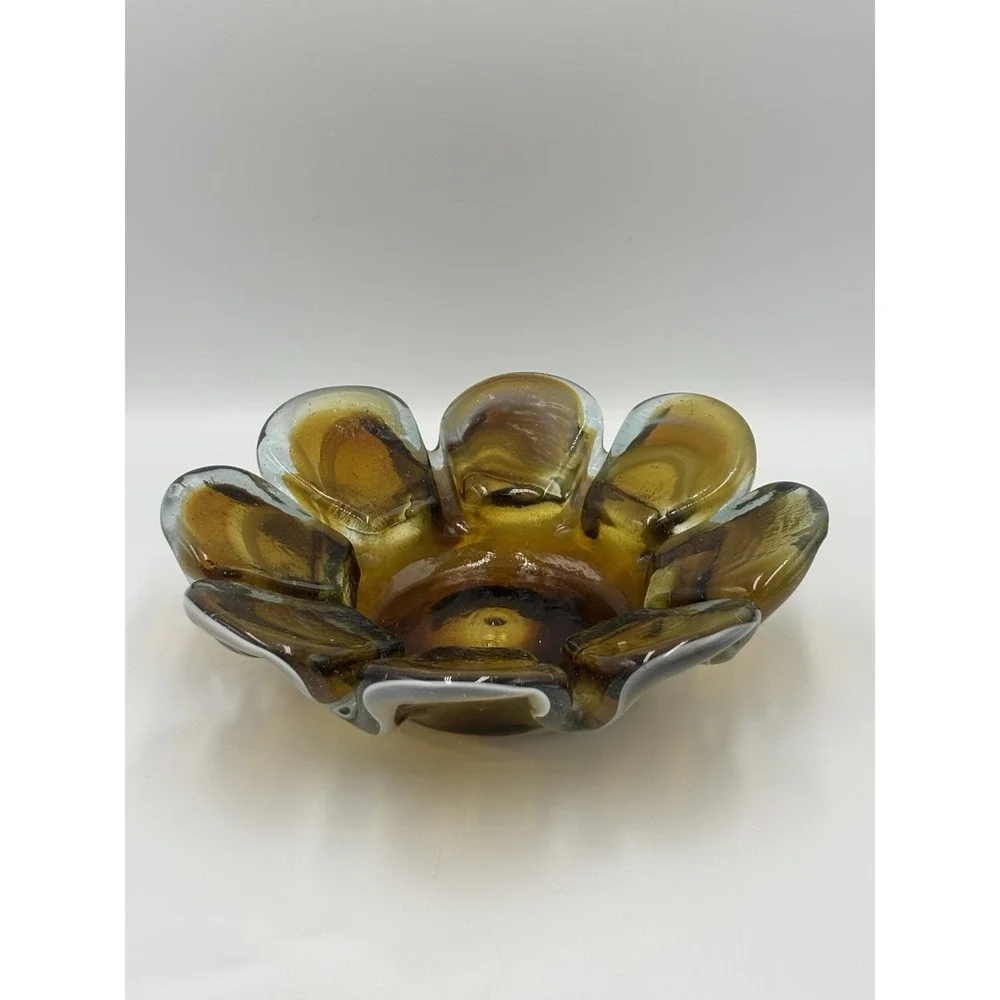 Vintage Art Glass Ashtray Bowl Dish Floral Flower Petal MCM ‎ Whitish Brown